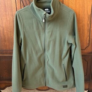 REI Olive Green Fleece Jacket with High Collar